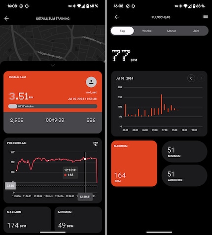 Visualizzazione dettagliata di una corsa e la misurazione della frequenza cardiaca.