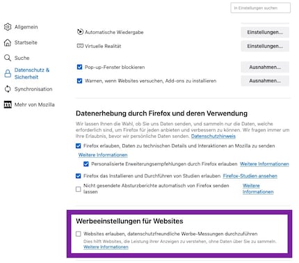 Togli il segno di spunta dal punto incorniciato (IT: «Permetti ai siti web di effettuare misurazioni pubblicitarie nel rispetto della privacy»).