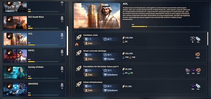 Overview of the factions and their missions. Nice detail: The images of the faction bosses always match their background perfectly.