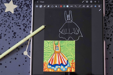Un triste schizzo di un abito si trasforma in una versione colorata che potrebbe essere uscita dal pennello di Van Gogh con la semplice pressione di un tasto.