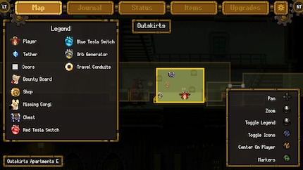 The map of Gestalt: Steam & Cinder is just the right size for a short Metroidvania.