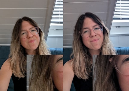 Un selfie, a sinistra con il Google Pixel 9 Pro e a destra con il Google Pixel 8.