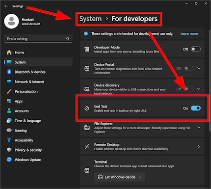 La funzione di chiusura forzata della barra delle applicazioni può essere attivata nelle opzioni per sviluppatori di Windows 11.