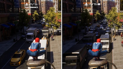Spider-Man 2 appare significativamente più sfocato a 60 FPS sulla PS5 (a sinistra) che a 60 FPS sulla PS5 Pro.