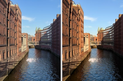 La Speicherstadt appare diversa nella sfumatura di colore «Neutra» (a sinistra) rispetto a quella «Ambra» (a destra).