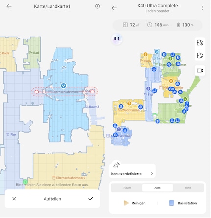 Le mappe possono essere facilmente modificate (a sinistra). Inoltre, puoi sempre vedere dove il robot ha pulito e dove sono comparsi gli ostacoli.