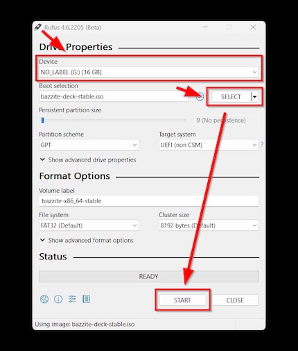 Nella maggior parte dei casi sono sufficienti tre passaggi: selezionare il supporto dati USB, selezionare il file immagine e fare clic su START.