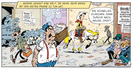 L'avventura porta Lucky Luke nella città industriale invece che nel vasto mondo della prateria.