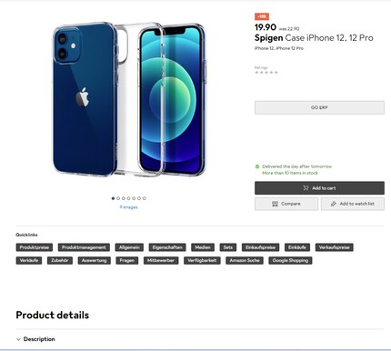 Excerpt from the product detail page for the first search result: here you’ll find detailed information and also nine images of the product.