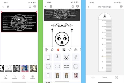 L'editor di immagini offre molte funzioni, tra cui vari filtri (a sinistra). Gli adesivi e le cornici sono disponibili gratuitamente nell'app (al centro). E puoi anche stampare il righello lungo cinque metri (a destra) senza abbonamento.