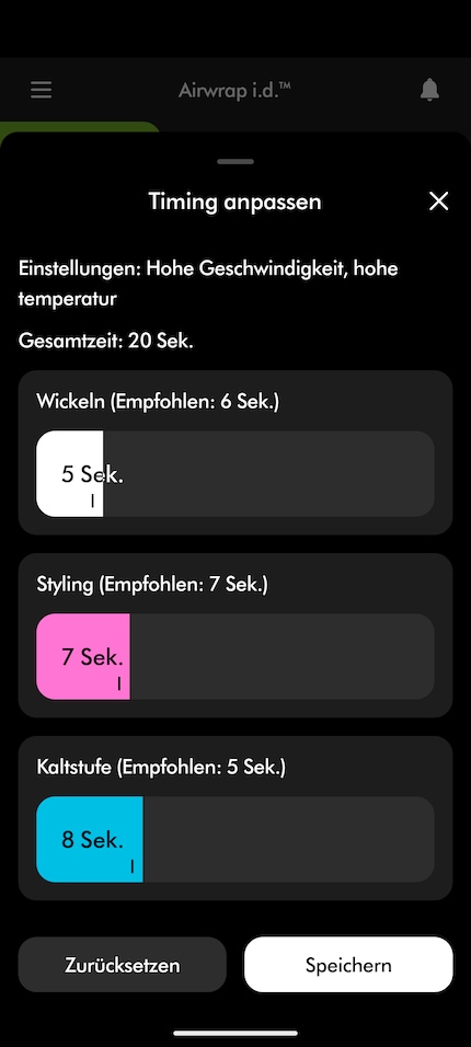 Based on my hair profile, the app gives recommendations on the duration of the individual steps. Here I have changed it manually.
