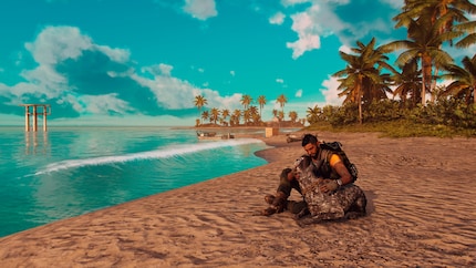 In «Far Cry 6» scelgo una spiaggia e mi godo il mare con il mio cane Boom Boom.
