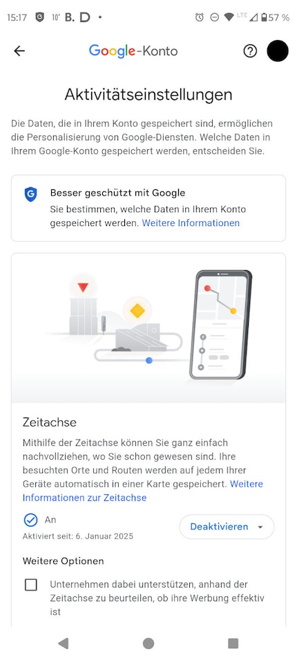 Puoi accedere alle impostazioni della timeline tramite il punto blu di Google Maps.