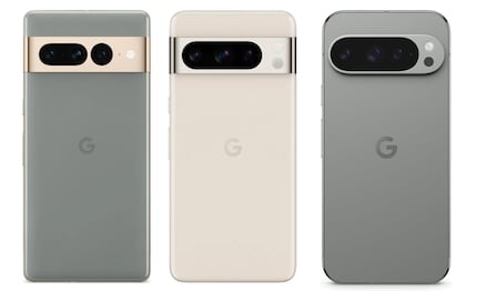 Google Pixel 7, 8 e 9 Pro (da sinistra a destra).