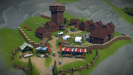 Dall'early access: nella mia fortezza di palizzate che ho costruito liberamente ci sono tante attività in corso. Il mercato all'ingresso ha una funzione estetica.