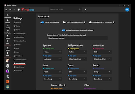 Se attivi «SponsorBlock», FreeTube non solo salta le pubblicità, ma anche i contenuti del video sponsorizzati.