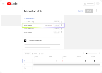 Nel nuovo strumento, le interruzioni pubblicitarie inappropriate per i creatori di contenuti vengono visualizzate con un avviso.