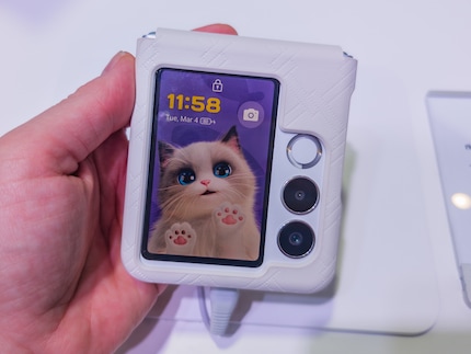 Il Nubia Flip 2 in un'elegante custodia. Il gatto è semplicemente carino.