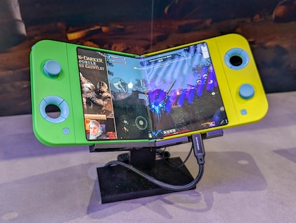 The gaming handheld folds up conveniently.