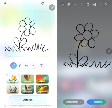 Samsung has overhauled the user interface for AI sketches (as you can see on the left). It looks more appealing, but with less space to draw.