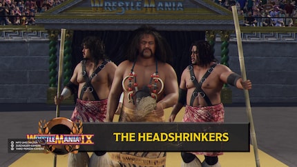 L'ampio roster è un grande punto a favore del gioco: qui gli headshrinker Samu e Fatu salgono sul ring con il loro manager Afa.