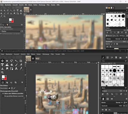Gimp 2.10 (metà superiore dell'immagine) rispetto a Gimp 3.0 (metà inferiore).