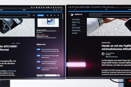 Il Samsung G81SF opaco (a sinistra) disperde maggiormente i riflessi rispetto all'Asus PG27UCDM semilucido (a destra). D'altra parte, i riflessi diffusi colpiscono una parte più ampia dell'immagine.