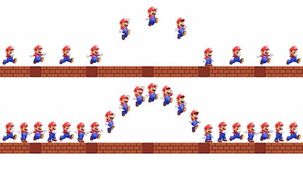 Nella presentazione Direct e con un Mario che salta, Nintendo elogia i vantaggi di un’alta frequenza di aggiornamento (in basso) rispetto a una bassa frequenza di aggiornamento (in alto).
