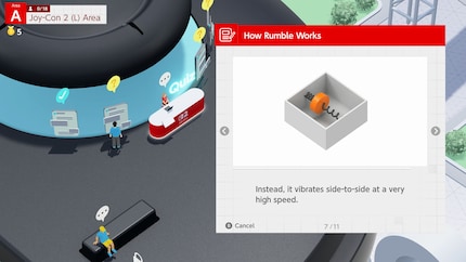 Nel Nintendo Switch 2 Welcome Tour, una tech demo a pagamento per la console, viene spiegato in modo interattivo il funzionamento dei nuovi motori rumble del controller.