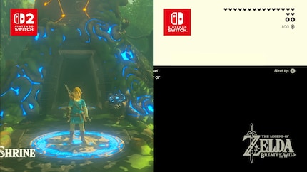 Mentre Link è già pronto sulla Switch 2 (a sinistra), il gioco si sta ancora caricando sulla Switch 1 (a destra) dopo un viaggio rapido.