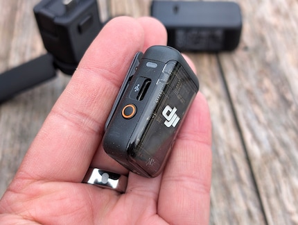 The wireless clip-on microphone connects reliably to the camera.