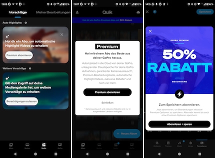 L'app Quik è piena di pubblicità per l'abbonamento premium. Ecco tre esempi.