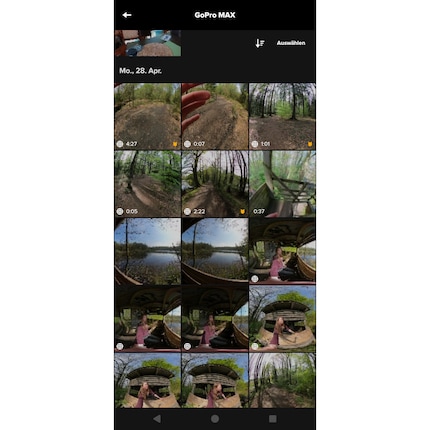 L'app Quik mostra le anteprime dei video e delle foto trovate. Le immagini a 360° sono contrassegnate dal simbolo del globo.