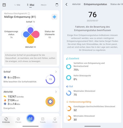 L'app chiara con il quadrifoglio nella schermata a sinistra, a destra le indicazioni dell'aumento del livello di stress.