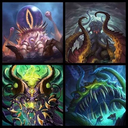 Da sinistra in alto, in basso a destra: C'Thun, N'Zoth, Y'Shaarj e Yogg-Saron.