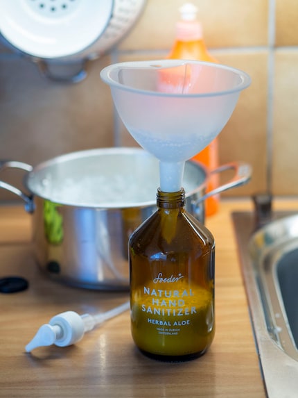 The soap goes into the pump dispenser with the funnel.