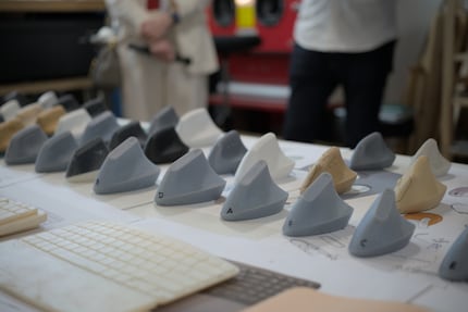 Dozens of iterations of a product (in this case, the Logitech Lift) undergo ergonomic tests.