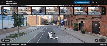 La nuova funzione timeline di Google Earth utilizza l'esempio di West Street a New York per mostrare lo sviluppo della scena stradale tra il 2018 e il 2024.