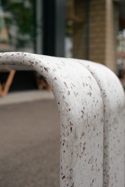 The recycled terrazzo plastic comes from Smile Plastics.