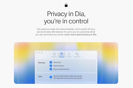 The Dia browser advertises both AI and privacy features