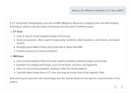 Lumo spiega la differenza tra TAC e risonanza magnetica - compreso il riconoscimento dell'abbreviazione tedesca - in modo breve e chiaro.