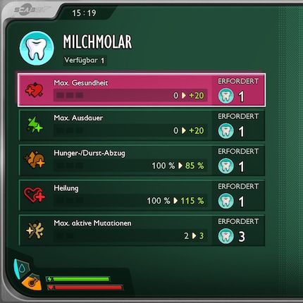 Breaking open milk molars earns me points to improve my attributes.