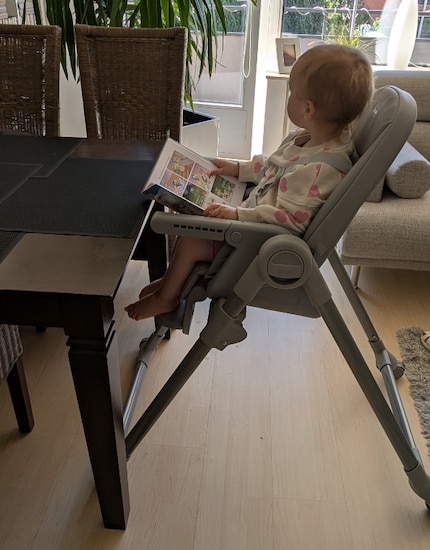 Si può togliere il tavolino quando non serve. Il bambino sta comodamente seduto, anche se non può arrampicarsi da solo.