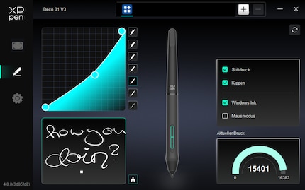 You can programme all the buttons and adjust the pen pressure in the software.