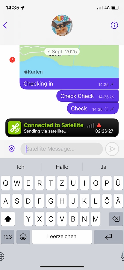 In tutte le pagine posso vedere lo stato del satellite. Qui il segnale non è ancora abbastanza forte per inviare il messaggio corrente.