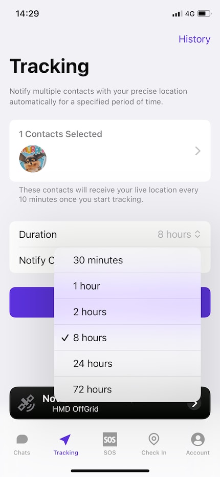 Con il live tracking posso invitare i miei contatti a seguirmi, scegliere l'intervallo di update e la durata totale.