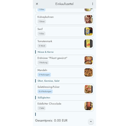 «Grocy» automatically fills the shopping list with products below the minimum stock level. The list is very clear thanks to the images and categorisation into product groups.