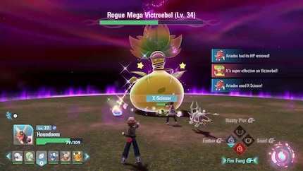 Ich verwandle mein Feuer-Pokémon Hundemon in ein Mega-Hundemon. Auf in den Kampf, Doggo!
