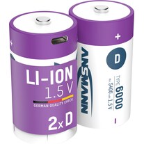 Ansmann Batteria LR20 USB-C Mono (D) Li-Ion 6000 mAh 1,5 V 2 pz. (2 pz., D, Accumulatore di carica elettrica)