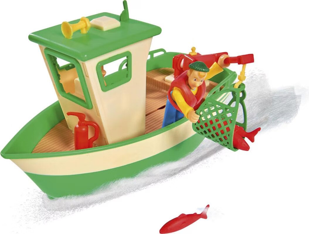 Simba 109251074 - Barca de pescuit a pompierului Sam Charlie, cu silueta lui Charlie, macara mobila si troliu mecanic, pluteste pe apa, 19cm, pentru copii de la 3 ani si peste